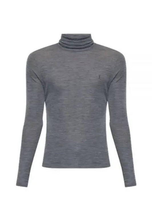 Embroidered Logo Roll Neck Wool Knit Top Grey - SAINT LAURENT - BALAAN 2