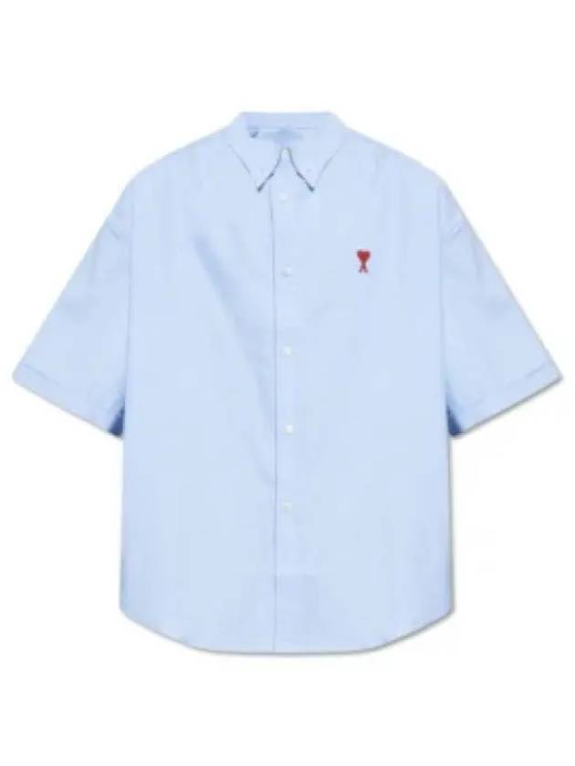 Men's Boxy Fit Embroidered Logo Short Sleeve Shirt Light Blue - AMI - BALAAN 2