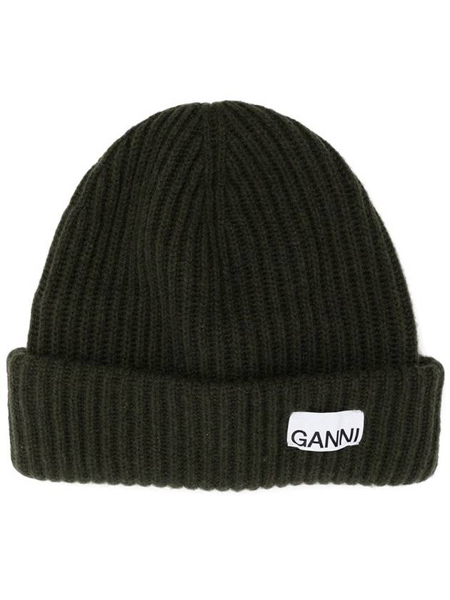 Logo Patch Knit Beanie Green - GANNI - BALAAN 3