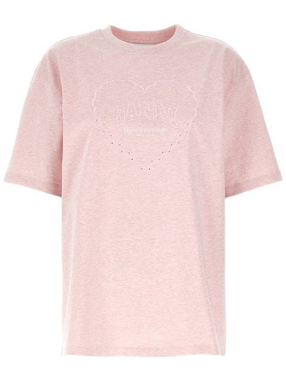 Drop Shoulder Heart Embroidery Short Sleeved T-Shirt Chalk Pink - GANNI - BALAAN 2