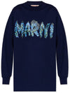 Logo Print Cotton Long Sleeve T-Shirt Navy - MARNI - BALAAN 1