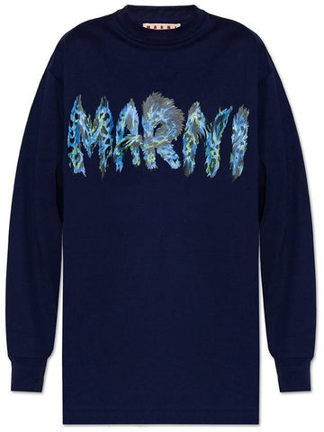 Logo Print Cotton Long Sleeve T-Shirt Navy - MARNI - BALAAN 1