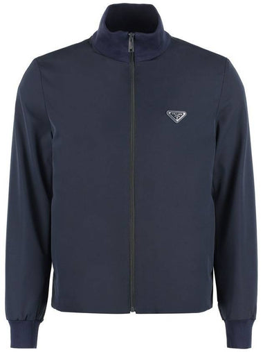 Triangle Logo Stretch Zip Up Jacket Navy - PRADA - BALAAN 1