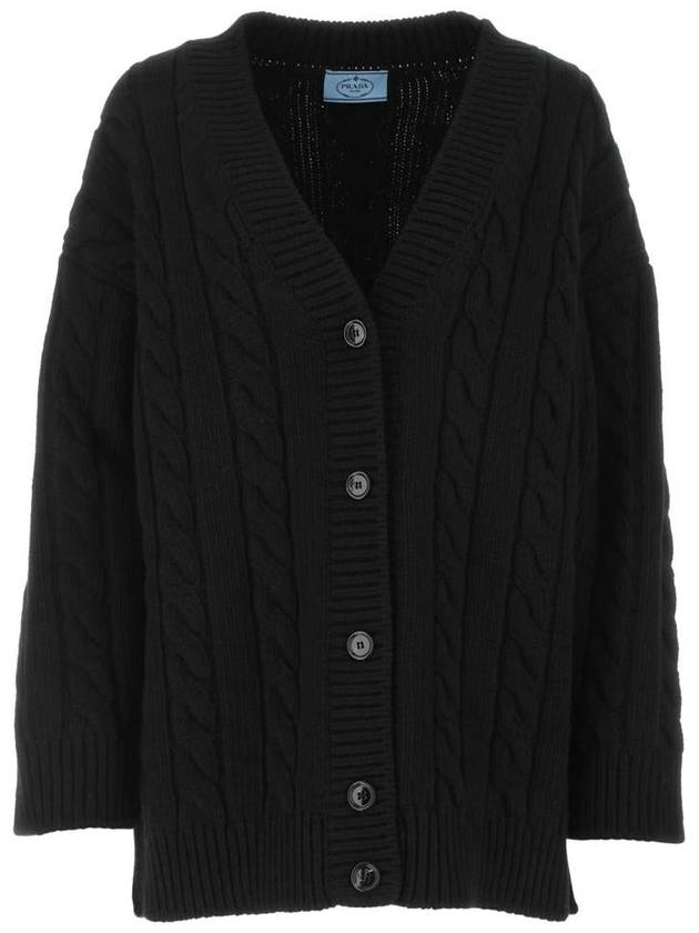 Women's V-neck Wool Cashmere Cardigan Black - PRADA - BALAAN 2