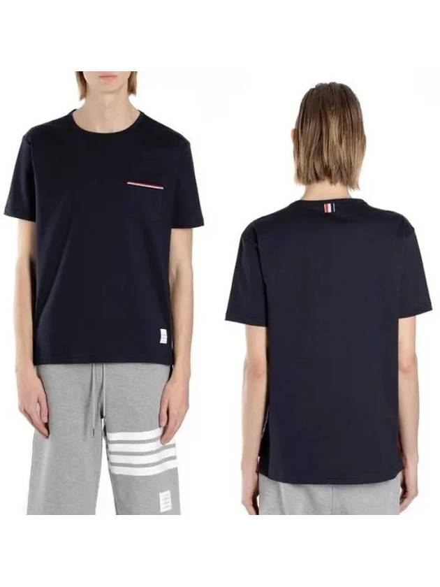 Men's Medium Weight Jersey Tipped Pocket Crewneck Short Short Sleeve T-Shirt Navy - THOM BROWNE - BALAAN 2