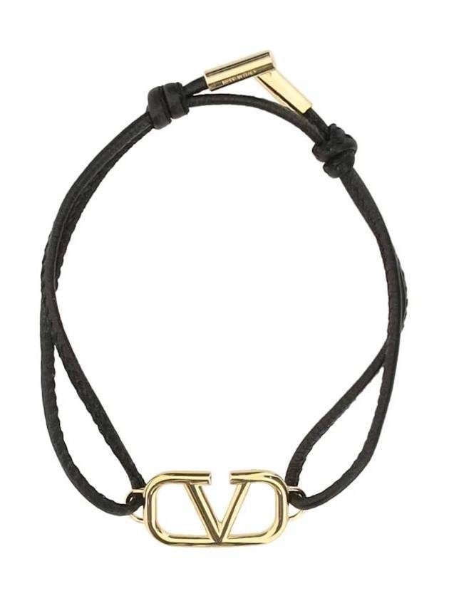 V Logo Plaque Leather Bracelet Black - VALENTINO - BALAAN 1