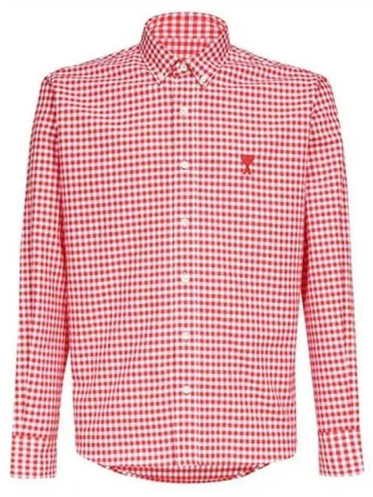 Small Heart Logo Gingham Button Long Sleeves Shirt Red - AMI - BALAAN 2