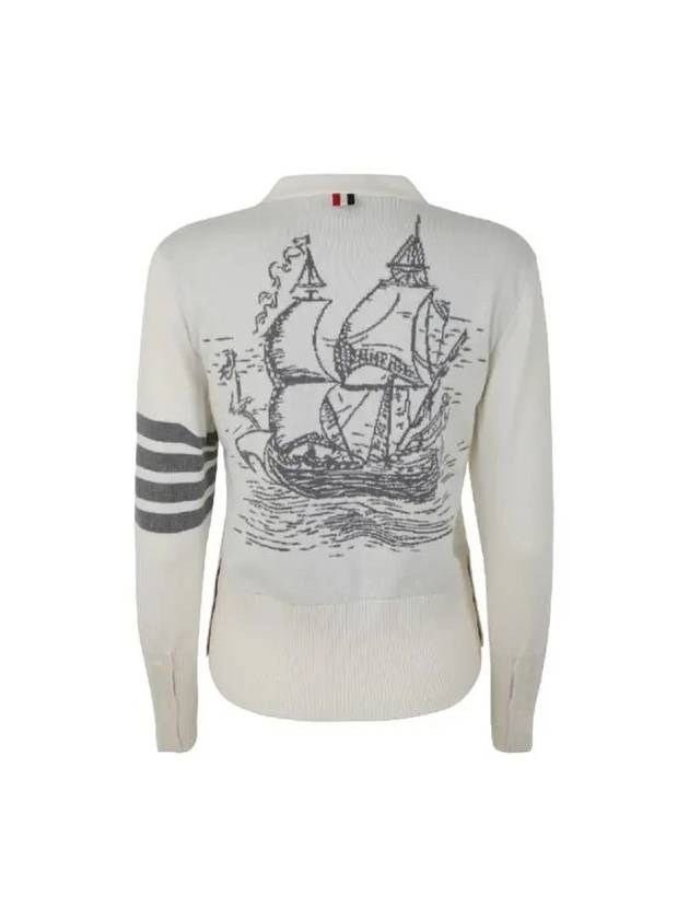 Ship Jacquard Classic Cotton V-Neck Cardigan White - THOM BROWNE - BALAAN 4