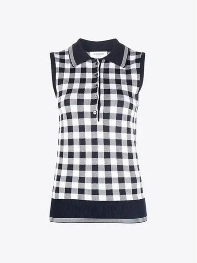 Gingham Silk Jacquard 4 Bar Polo Sleeveless Cardigan Navy - THOM BROWNE - BALAAN 2