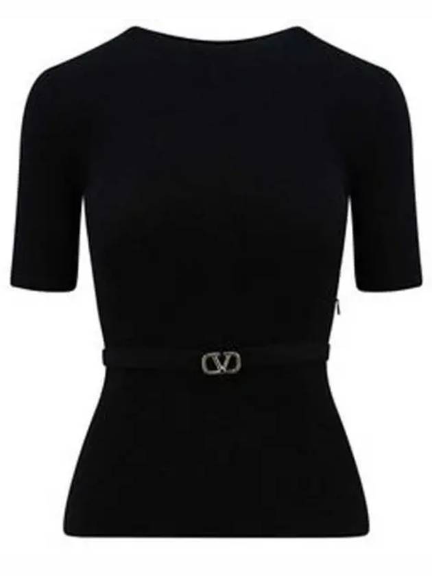 V Metal Logo Belt Detail Wool Knit Top Black - VALENTINO - BALAAN 2