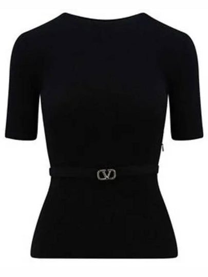 V Metal Logo Belt Detail Wool Knit Top Black - VALENTINO - BALAAN 2