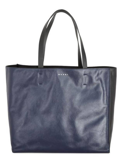 Logo Print Calfskin Super Tote Bag Navy - MARNI - BALAAN 2