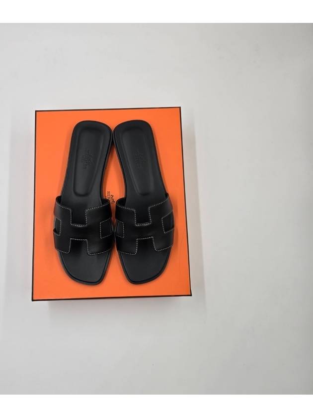 Oran Calfskin Slippers Noir Piqures Ecrues Black - HERMES - BALAAN 3