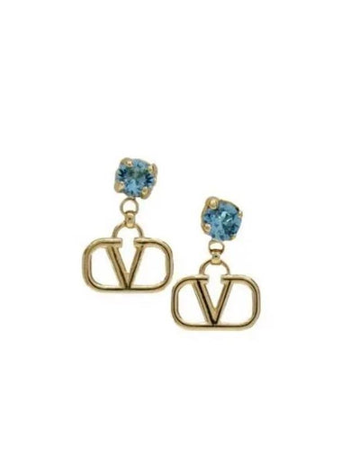 Metal Swarovski Crystal V Logo Earrings Gold Blue - VALENTINO - BALAAN 1