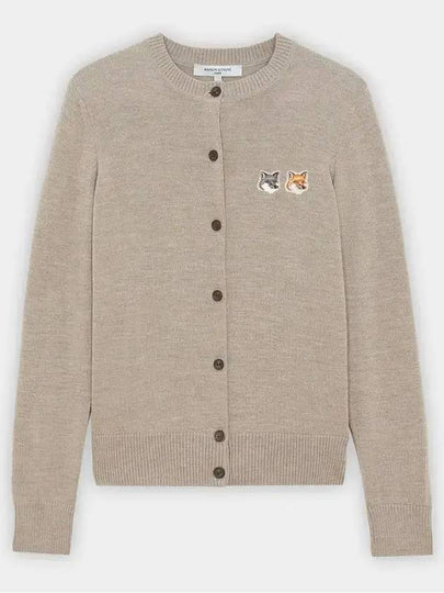 Double Fox Head Patch Round Neck Cardigan Beige Melange - MAISON KITSUNE - BALAAN 2