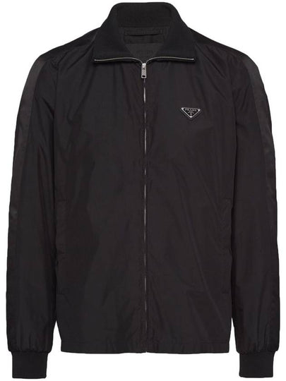 Logo Plaque Silk Blend Zip-Up Jacket Black - PRADA - BALAAN 2