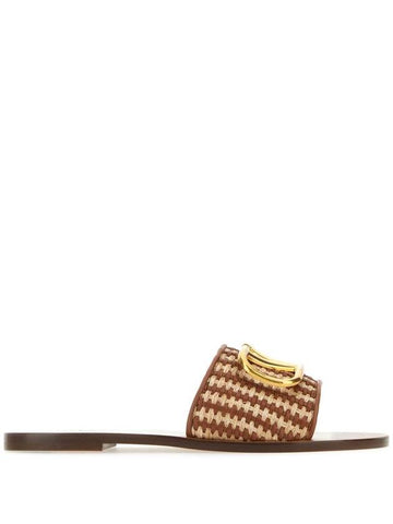 Raffia VLogo Signature Slippers Natural Brown - VALENTINO - BALAAN 1