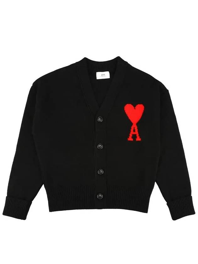 Intarsia Big Heart Logo Oversized Virgin Wool Cardigan Black - AMI - BALAAN 2