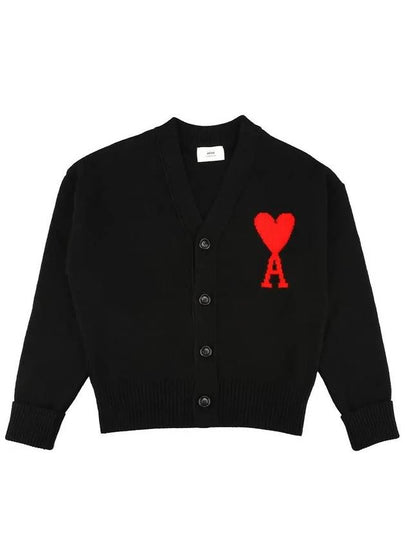 Intarsia Big Heart Logo Oversized Virgin Wool Cardigan Black - AMI - BALAAN 2