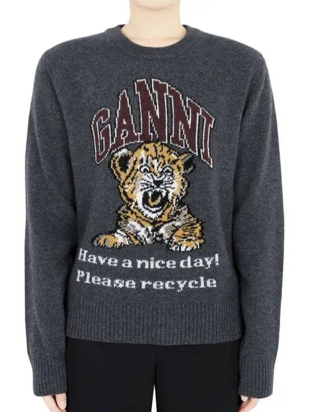 Graphic Wool Mix Tiger Crewneck Knit Top Grey - GANNI - BALAAN 2