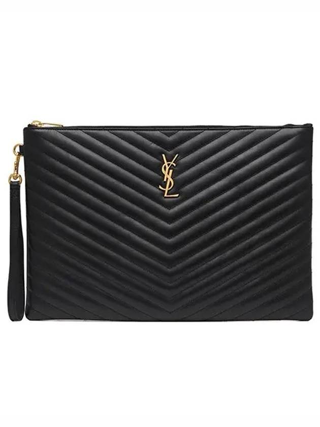 Gold Monogram Document Holder In Matelasse Leather Black - SAINT LAURENT - BALAAN 3