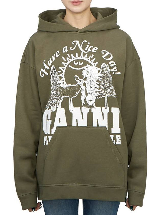 Cotton Hoodie Army Green - GANNI - BALAAN 2