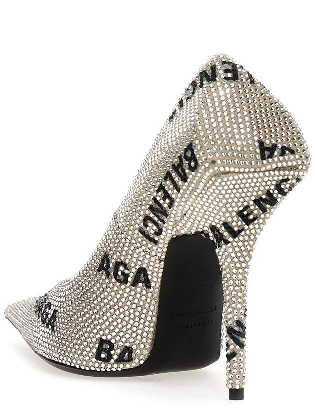 Women's All-Over Logo Rhinestone Square Knife Pumps Heel Silver - BALENCIAGA - BALAAN 3