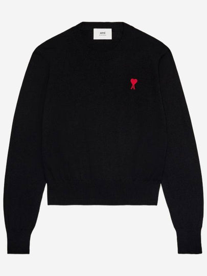 Heart Embroidered Logo Crew Neck Knit Top Black - AMI - BALAAN 2