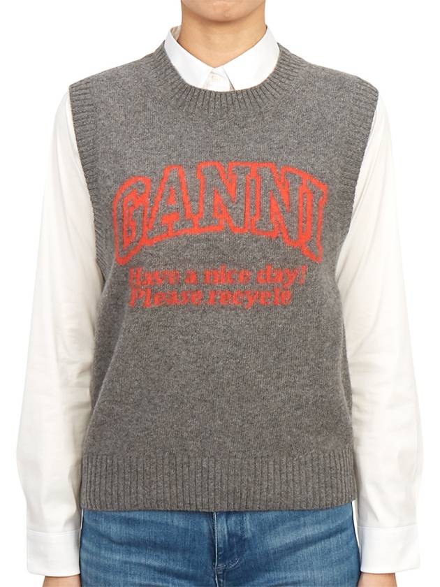 Logo Intarsia Knit Vest Grey - GANNI - BALAAN 4