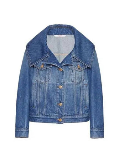 Women s Blazer Cropped Cotton Denim Jacket Blue - VALENTINO - BALAAN 1