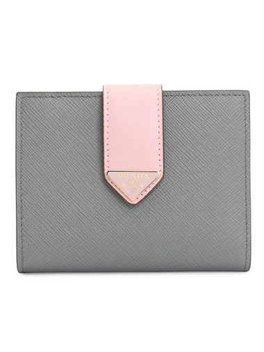 Small Smooth Saffiano Leather Half Wallet Slate Grey Alabaster Pink - PRADA - BALAAN 1