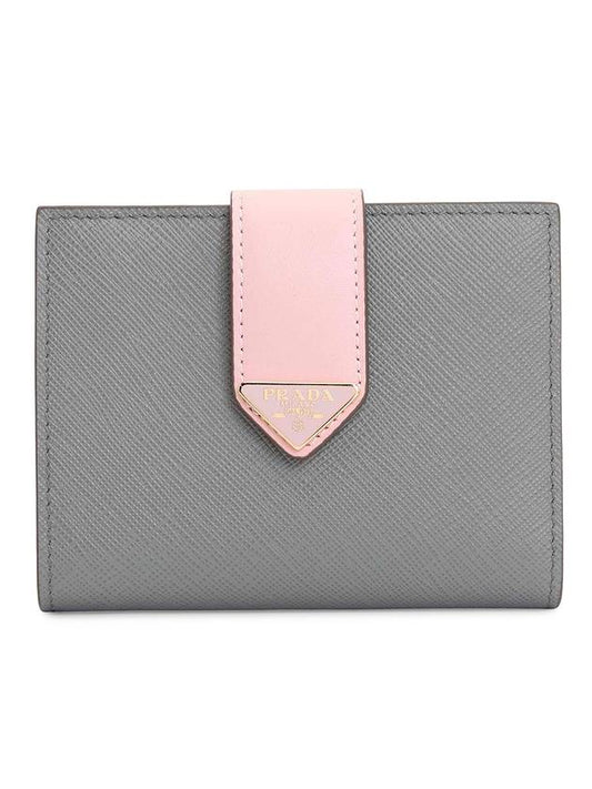 Small Smooth Saffiano Leather Half Wallet Slate Grey Alabaster Pink - PRADA - BALAAN 1