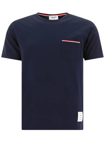 Men's Medium Weight Jersey Tipped Pocket Crewneck Short Short Sleeve T-Shirt Navy - THOM BROWNE - BALAAN 2