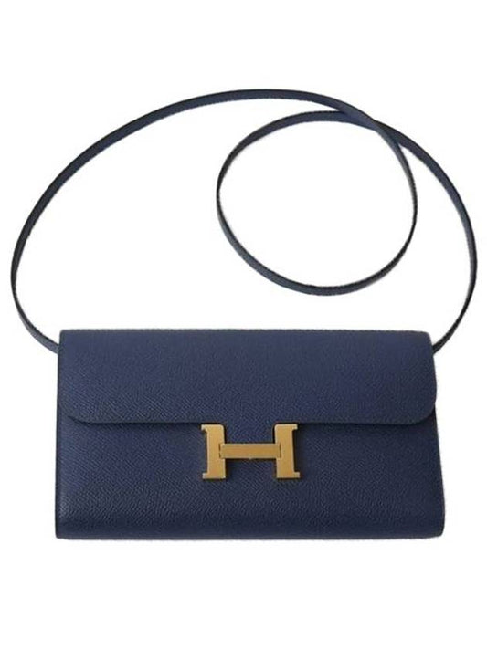 Gold Logo Constance Long To Go Long Wallet Blue Sapphire - HERMES - BALAAN.