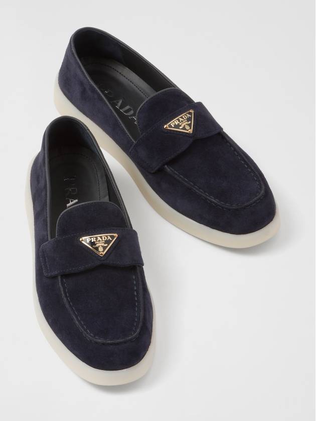 Triangle Logo Suede Leather Loafers Blue - PRADA - BALAAN 2