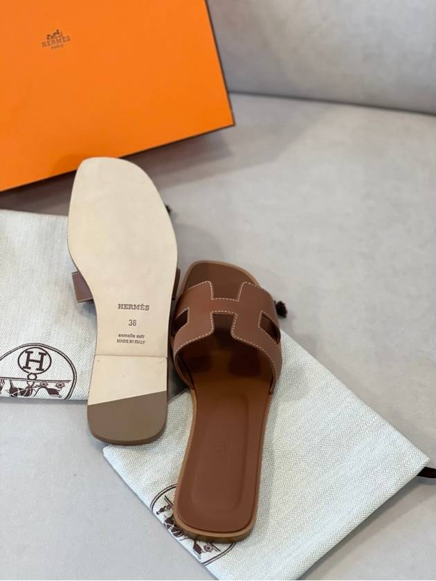 Oran Calfskin Slippers Gold Piqures Ecrues - HERMES - BALAAN 5