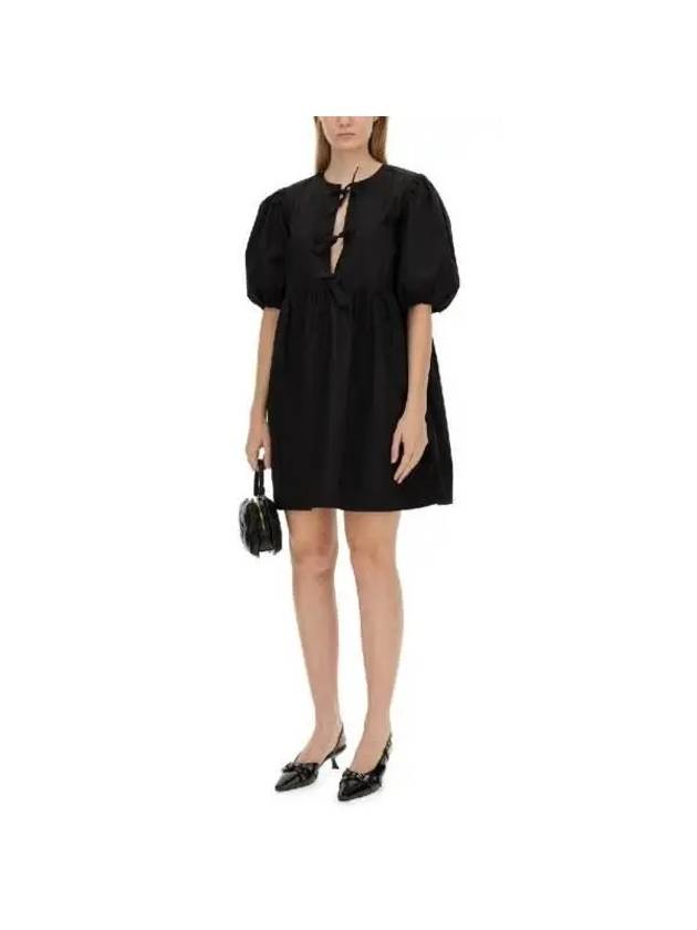 Poplin Tie String Cotton Short Dress Black - GANNI - BALAAN 3