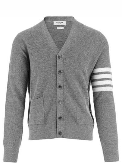 4-Bar Striped Waffle High V-Neck Cardigan Light Grey - THOM BROWNE - BALAAN 2