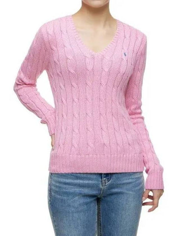 W cable knit cotton V neck sweater pink - POLO RALPH LAUREN - BALAAN 1