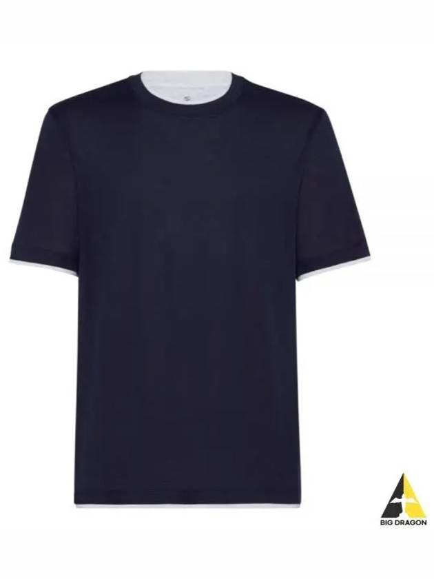 Double Layer Crew Neck Cotton Silk Short Sleeve T-Shirt Dark Blue - BRUNELLO CUCINELLI - BALAAN 2