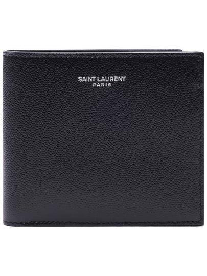 Classic Logo Textured Leather Half Wallet Black - SAINT LAURENT - BALAAN 2