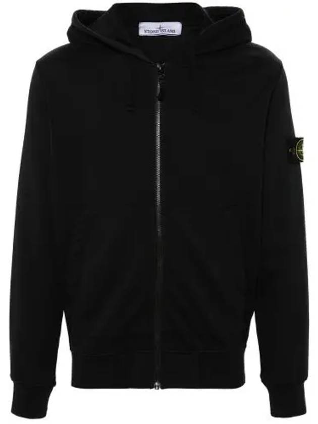 Organic Cotton Fleece Zip-Up Hoodie Black - STONE ISLAND - BALAAN 2