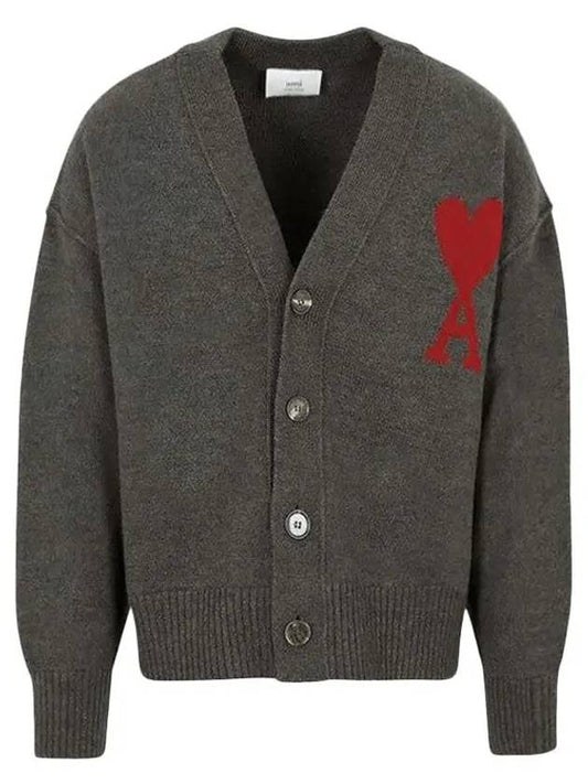 Heart Logo V Neck Wool Cardigan Heather Grey - AMI - BALAAN 2