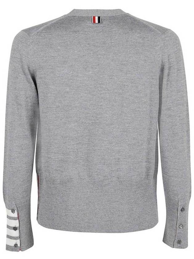 Men's Fine Merino Wool 4 Bar Cuff V-Neck Cardigan Grey - THOM BROWNE - BALAAN 3