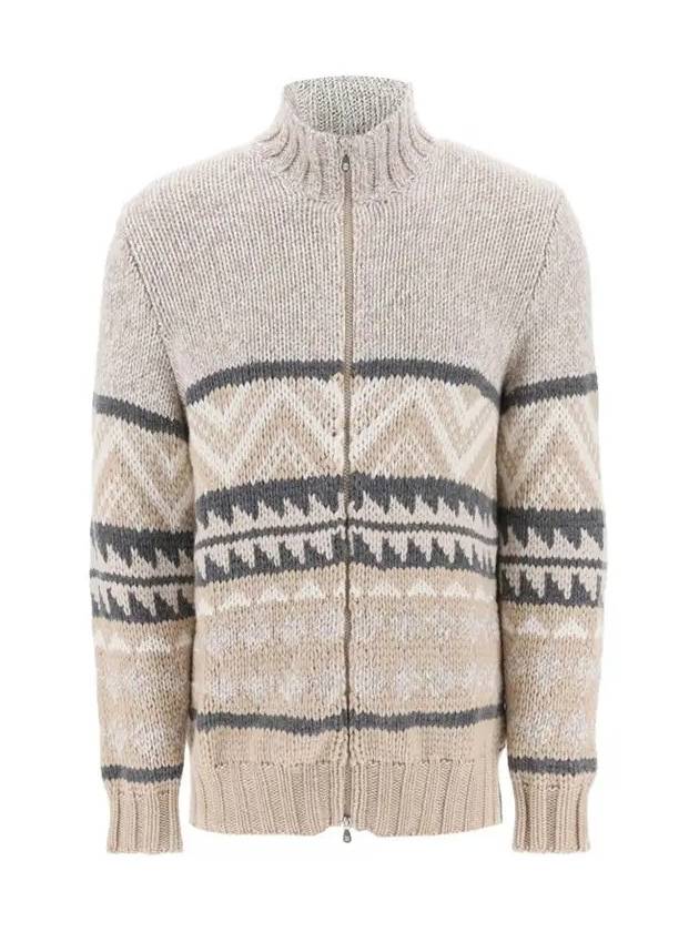 Intarsia Knit Cashmere Zip-Up Cardigan Beige - BRUNELLO CUCINELLI - BALAAN 3