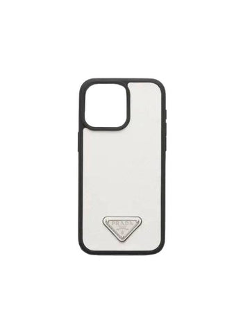 Triangular Logo Saffiano Leather Iphone 15 Pro Max Phone Case White - PRADA - BALAAN 1