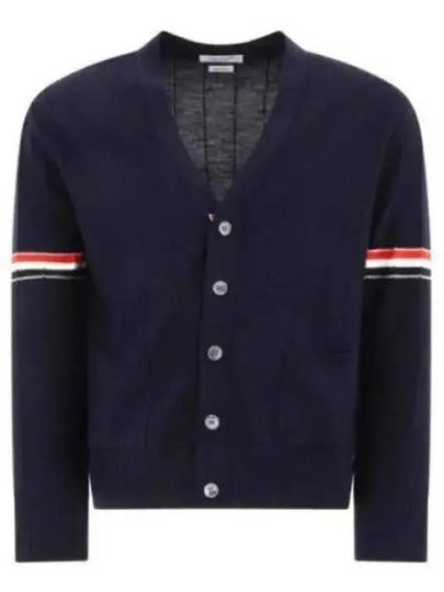 RWB V-neck Striped Virgin Wool Cardigan Navy - THOM BROWNE - BALAAN 2