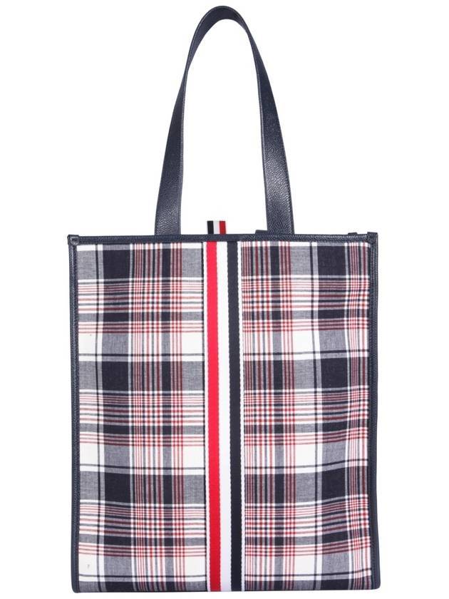 Madras Check Suiting Webbing Stripe Vertical Tote Bag - THOM BROWNE - BALAAN 1