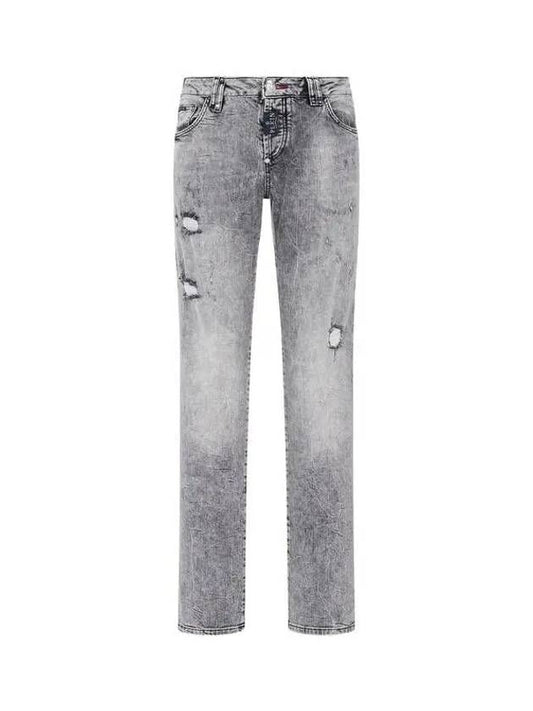 Men's Gothic Leather Patch Damaged Denim Pants Dark Gray 270599 - PHILIPP PLEIN - BALAAN 1