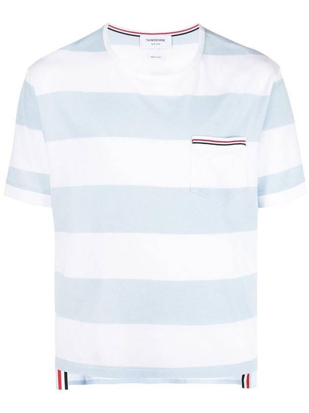 Men's Rugby Striped Pick Pocket Short Sleeve T-Shirt Light Blue White - THOM BROWNE - BALAAN 2